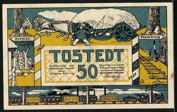 Notgeld Tostedt 1921, 50 Pfennig, Gehenkte an einem Baum, Dampfzug