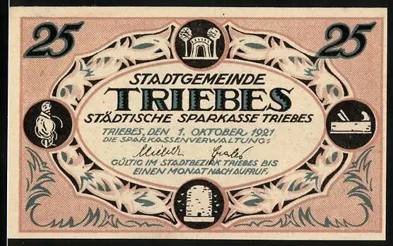 Notgeld Triebes 1921, 25 Pfennig, Gebäudeansicht