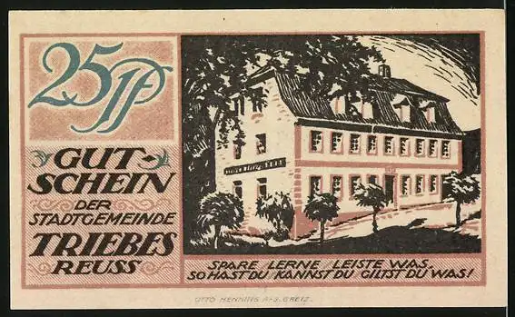 Notgeld Triebes 1921, 25 Pfennig, Gebäudeansicht