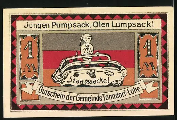 Notgeld Tonndorf-Lohe 1921, 1 Mark, Eulen, Staatssäckel