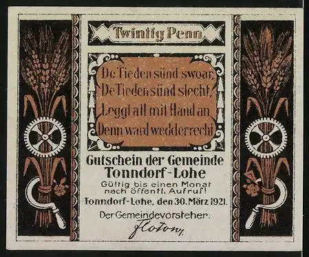 Notgeld Tonndorf-Lohe 1921, 20 Pfennig, Bauer bei der Aussaat