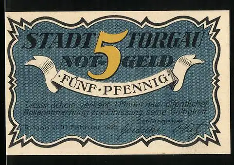 Notgeld Torgau 1921, 5 Pfennig, Kurfürst Entbot der Torgauer