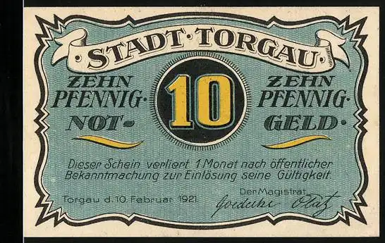 Notgeld Torgau 1921, 10 Pfennig, Ritter mit Lanze und Schild