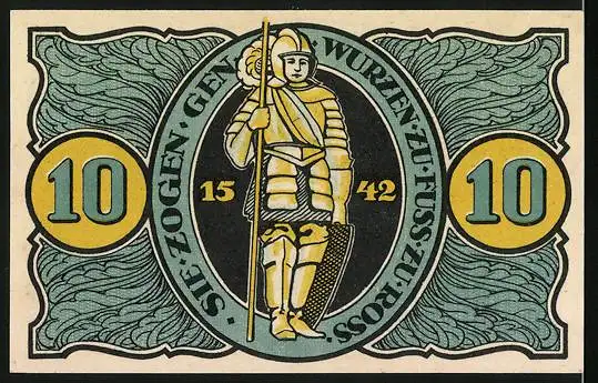 Notgeld Torgau 1921, 10 Pfennig, Ritter mit Lanze und Schild