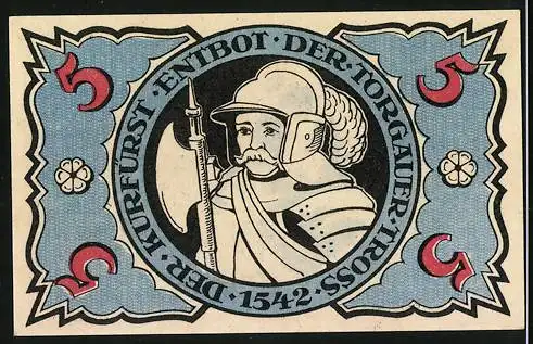 Notgeld Torgau 1921, 5 Pfennig, Kurfürst Entbot der Torgauer