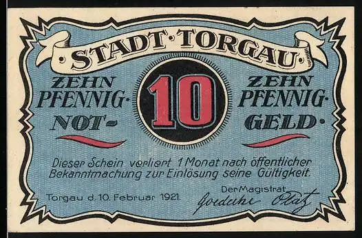 Notgeld Torgau 1921, 10 Pfennig, Ritter in voller Rüstung