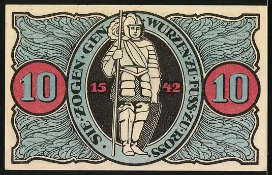 Notgeld Torgau 1921, 10 Pfennig, Ritter in voller Rüstung