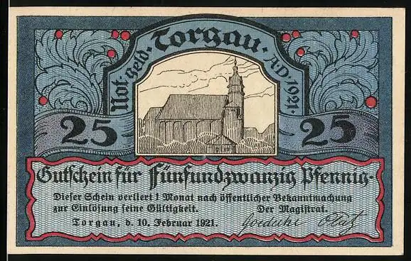 Notgeld Torgau 1921, 25 Pfennig, Kirche, Ritter mit Schwert