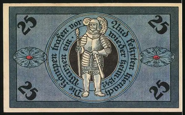 Notgeld Torgau 1921, 25 Pfennig, Kirche, Ritter mit Schwert