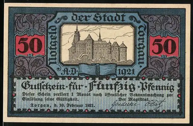 Notgeld Torgau 1921, 50 Pfennig, Kirche, Ritter zu Pferd