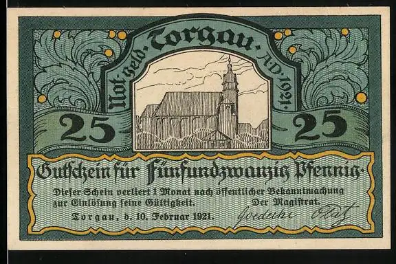 Notgeld Torgau 1921, 25 Pfennig, Kirche, Ritter mit Streitkeule