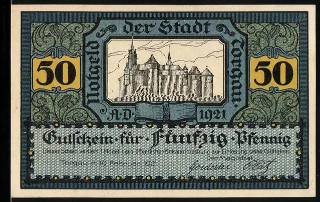 Notgeld Torgau 1921, 50 Pfennig, Burg, Ritter zu Pferd