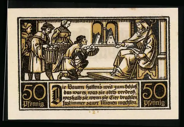 Notgeld Ditfurt 1921, 50 Pfennig, Bauern bringen Eier ins Schloss