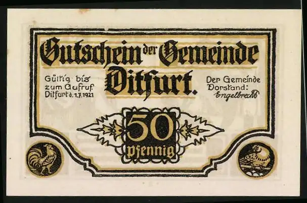 Notgeld Ditfurt 1921, 50 Pfennig, Bauern bringen Eier ins Schloss