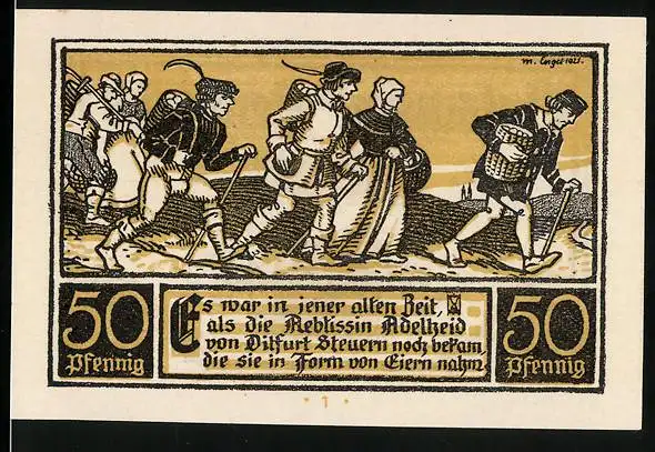 Notgeld Ditfurt 1921, 50 Pfennig, Bauern bringen Eier zur Äbtissin Adelheid