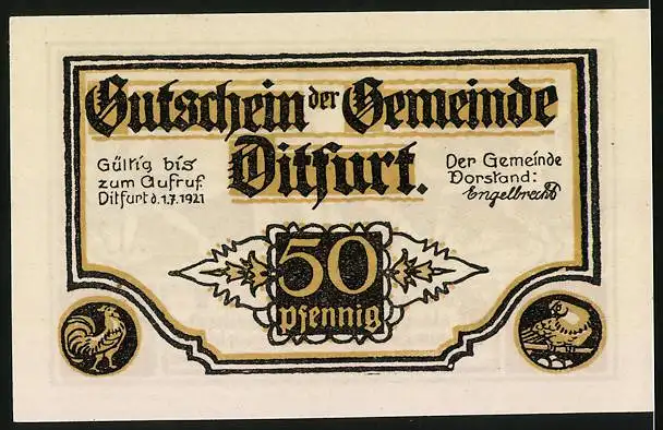 Notgeld Ditfurt 1921, 50 Pfennig, Bauern bringen Eier zur Äbtissin Adelheid