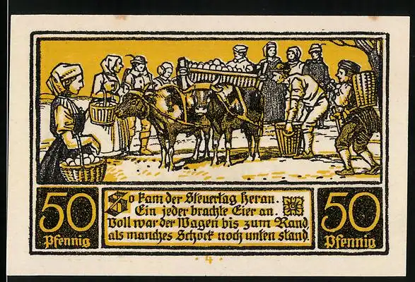 Notgeld Ditfurt 1921, 50 Pfennig, Bauern beladen einen Wagen mit Eiern