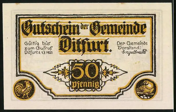 Notgeld Ditfurt 1921, 50 Pfennig, Bauern beladen einen Wagen mit Eiern