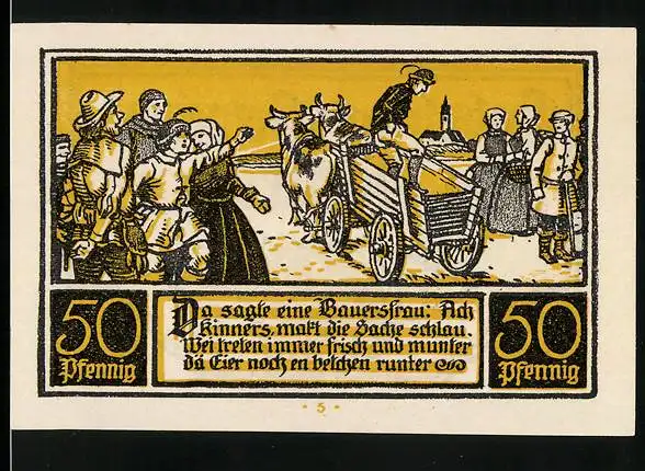 Notgeld Ditfurt 1921, 50 Pfennig, Bauer zertritt Eier auf einem Wagen