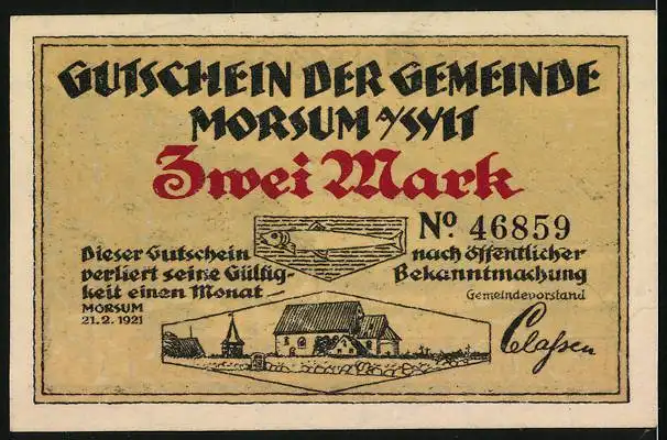 Notgeld Morsum a. Sylt 1921, 2 Mark, Küste mit Felsen, Kirche