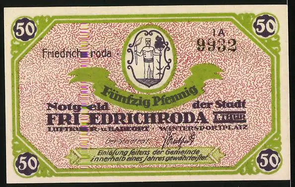 Notgeld Friedrichroda, 50 Pfennig, Ortsansicht, Wappen