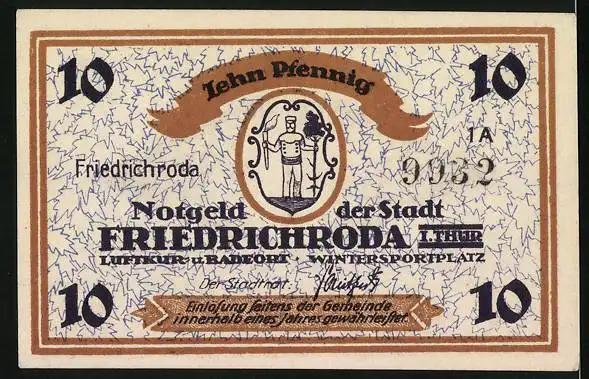 Notgeld Friedrichroda, 10 Pfennig, Skiläufer, Wappen