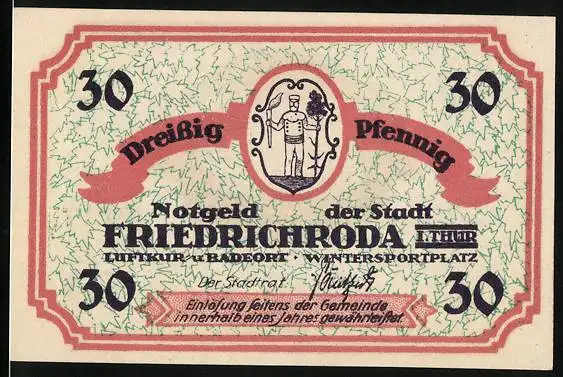 Notgeld Friedrichroda, 30 Pfennig, Ortsansicht, Wappen