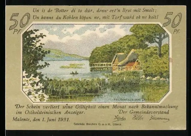 Notgeld Malente 1921, 50 Pfennig, Fischerhütte am Dieksee