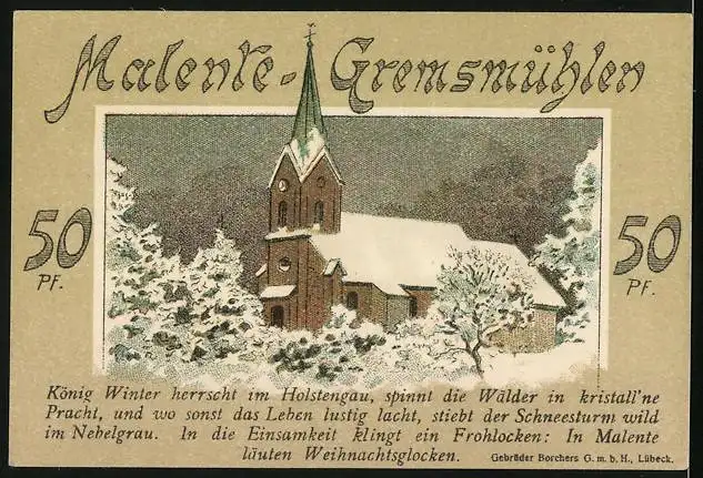Notgeld Malente 1921, 50 Pfennig, Ortspartie im Schnee