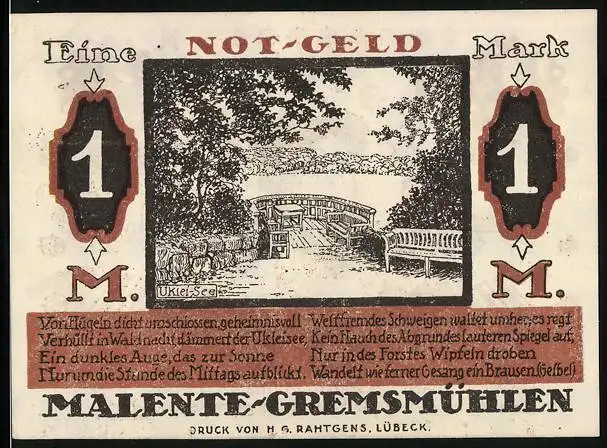 Notgeld Malente-Gremsmühlen 1920, 1 Mark, Uklei-See, Voss Luise