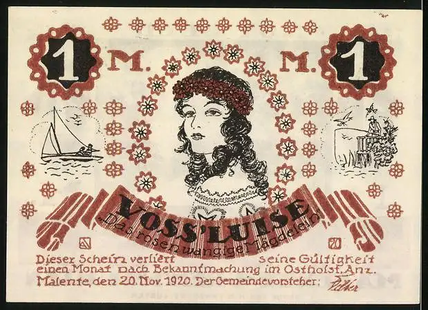 Notgeld Malente-Gremsmühlen 1920, 1 Mark, Uklei-See, Voss Luise