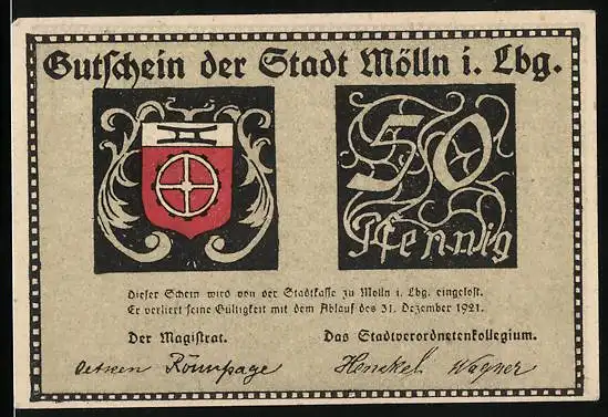 Notgeld Mölln i. Lbg. 1921, 50 Pfennig, Wappen, Till Eulenspiegel