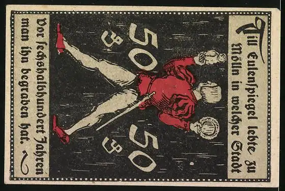 Notgeld Mölln i. Lbg. 1921, 50 Pfennig, Wappen, Till Eulenspiegel