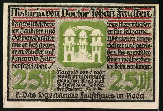 Notgeld Roda 1921, 25 Pfennig, Fausthaus, Wappen
