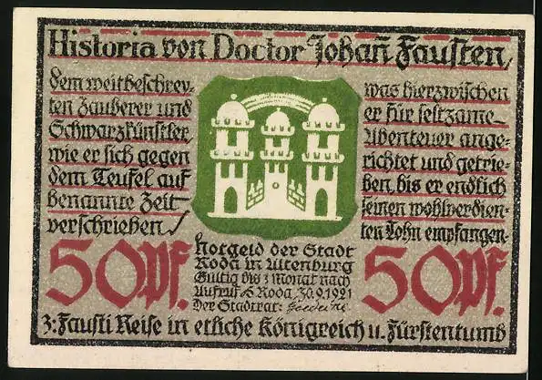 Notgeld Roda 1921, 50 Pfennig, Fausti Reise, Wappen