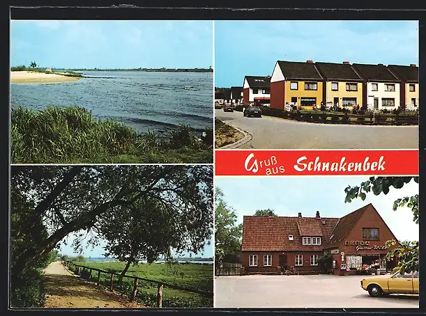AK Schnakenbek / Elbe, Reihenhäuser, Edeka-Markt, Wegpartie und Partie an der Elbe
