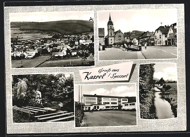 AK Kassel /Spessart, Strassenpartie mit Geschäften und Kirche, Gebäudeansicht, Bach