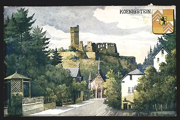 Künstler-AK Königstein / Taunus, Burg Kuningstein und Wappen