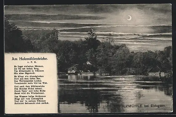 AK Eldagsen / Deister, Holzmühle am See bei Nacht