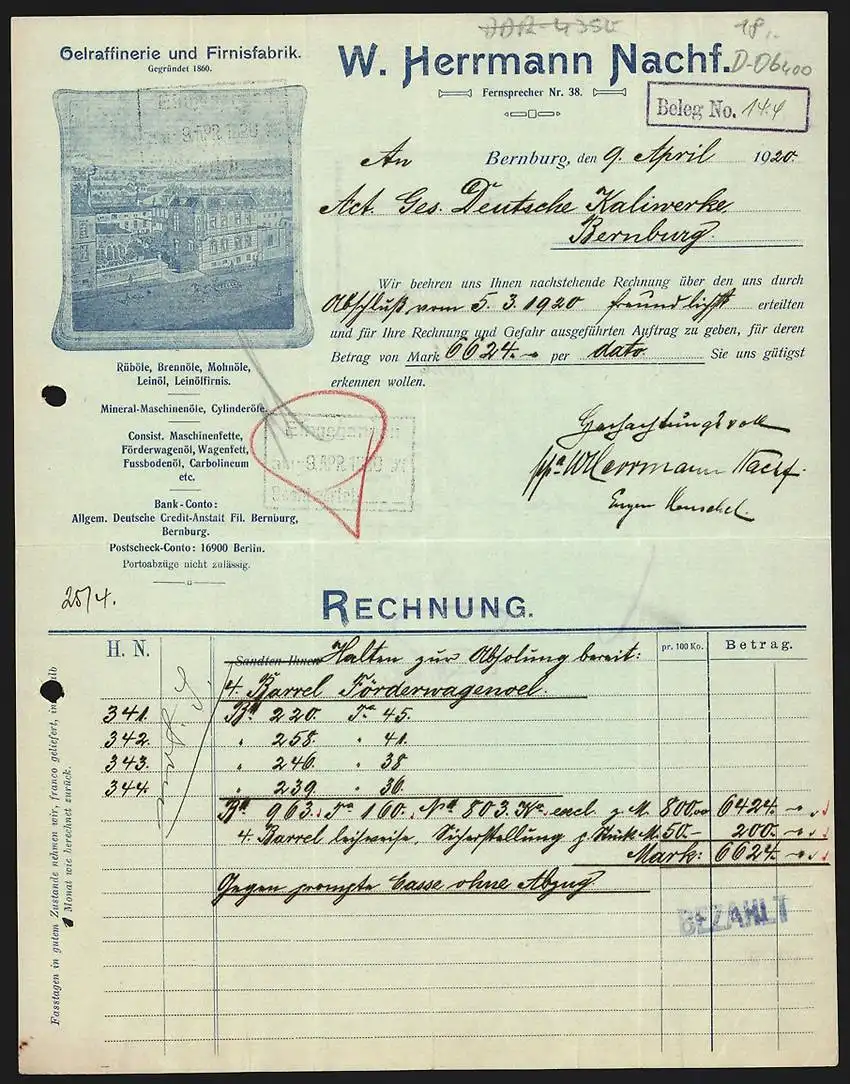Rechnung Bernburg 1920, W. Herrmann Nachf., Oelraffinerie und Firnisfabrik, Betriebsansicht im Rahmen