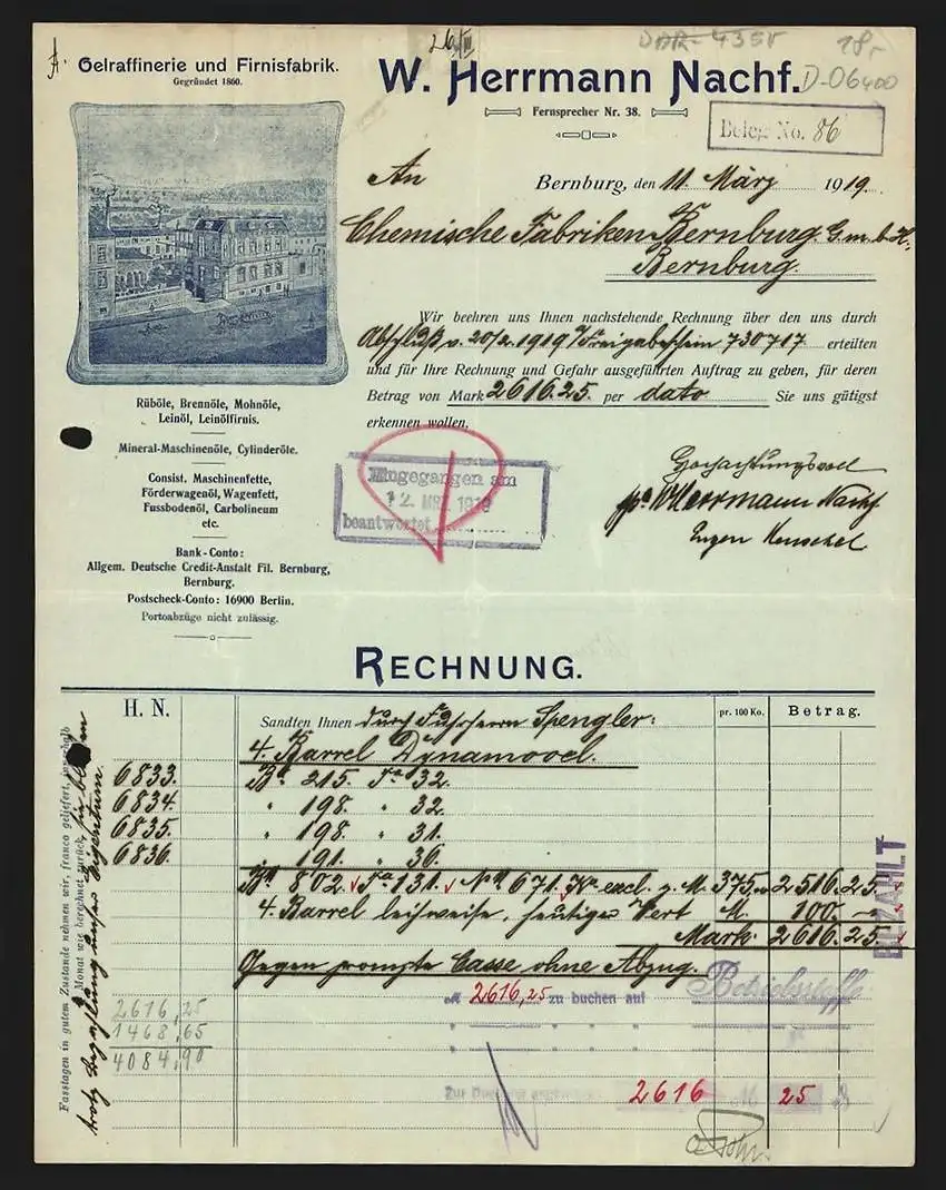 Rechnung Bernburg 1919, W. Herrmann Nachf., Oelraffinerie und Firnisfabrik, Betriebsansicht im Rahmen