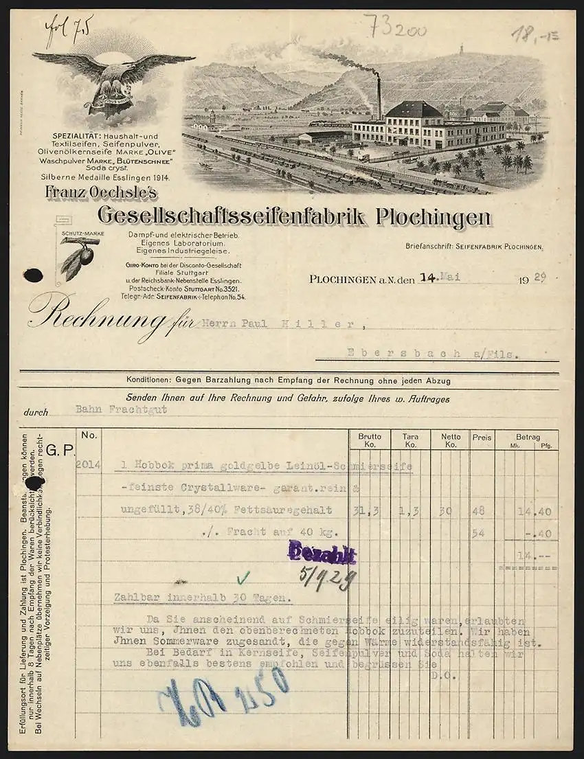 Rechnung Plochingen a. N. 1929, Franz Oechsle`s Gesellschaftsseifenfabrik Plochingen, Betrieb gegen Weinberge