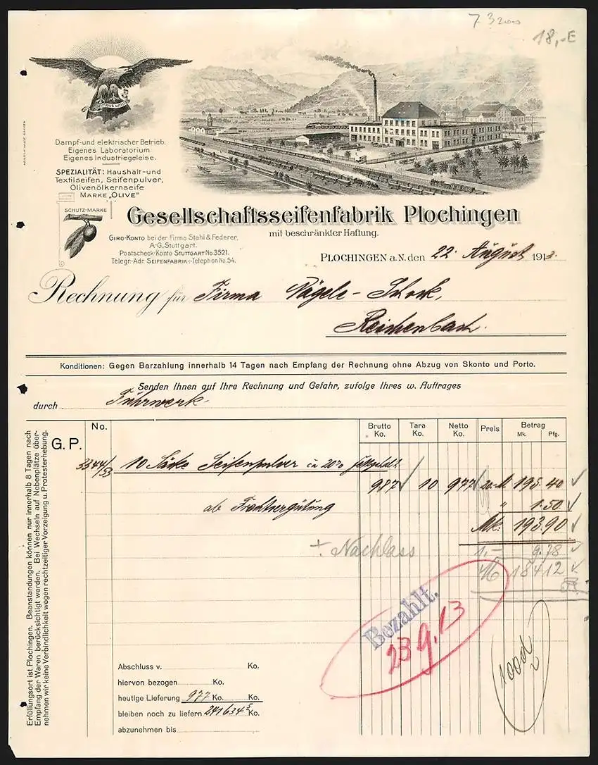 Rechnung Plochingen a. N. 1913, Franz Oechsle`s Gesellschaftsseifenfabrik Plochingen, Betrieb gegen Weinberge