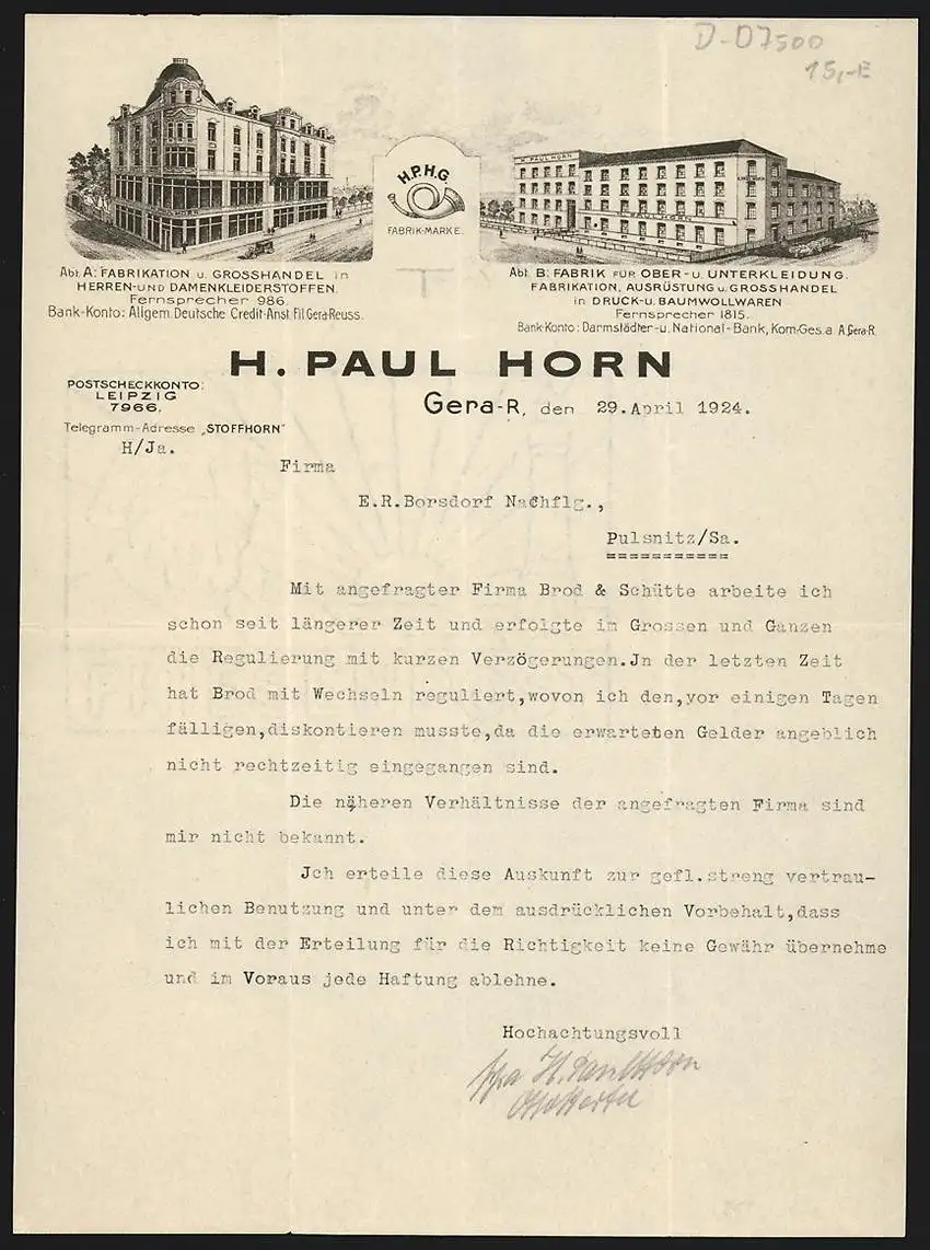 Rechnung Gera-R. 1924, H. Paul Horn, Fabrik und Grosshandel in Textil, Betriebsgelände und Kontor