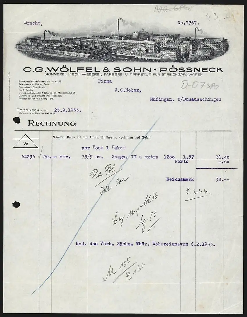 Rechnung Pössneck 1933, C. G. Wölfel & Sohn, Spinnerei, Mech. Weberei, Färberei & Appretur, Gesamtansicht der Fabrik