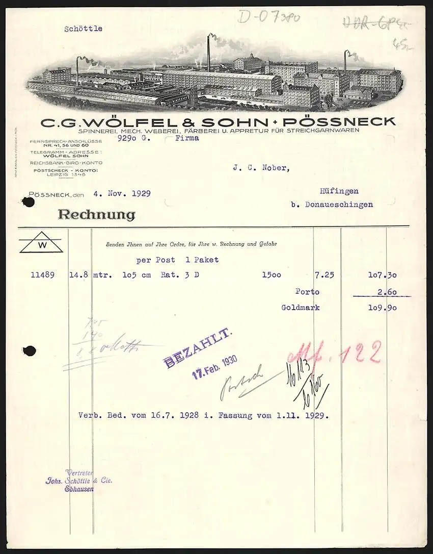 Rechnung Pössneck 1929, C. G. Wölfel & Sohn, Spinnerei, Mech. Weberei, Färberei & Appretur, Gesamtansicht der Fabrik