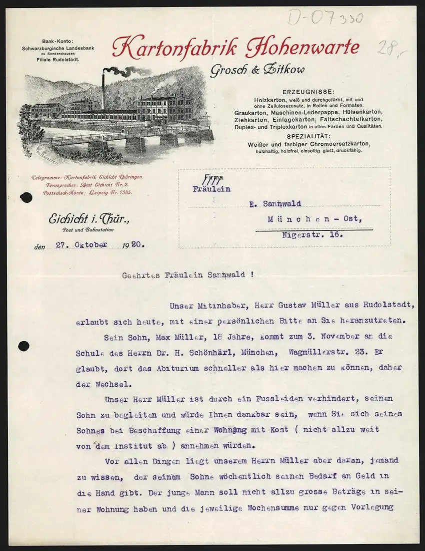 Rechnung Eichicht i. Thür. 1920, Grosch & Zitkow, Kartonfabrik Hohenwarte, Betriebsansicht am Fluss mit Brücke