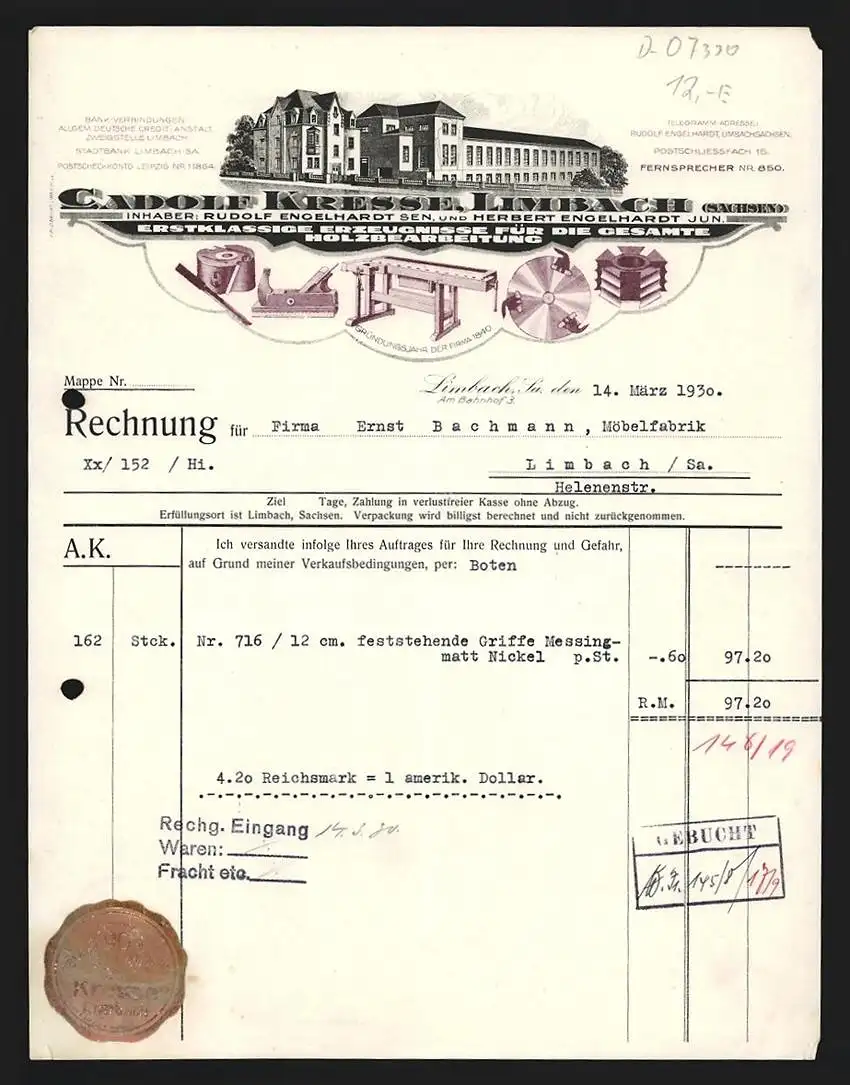 Rechnung Limbach /Sa. 1930, Cadolf Kresse, Erzeugnisse für die Holzbearbeitung, Betriebs- und Produktansichten