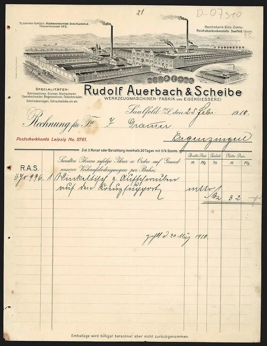 Rechnung Saalfeld a. S. 1910, Rudolf Auerbach & Scheibe, Werkzeugmaschinen-Fabrik & Eisengiesserei, Die Fabrikanlage