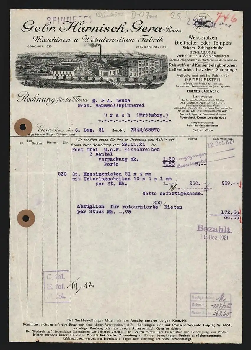 Rechnung Gera-Reuss 1921, Gebr. Harnisch, Maschinen- & Webutensilien-Fabrik, Fabrikanlage mit Geschäftsgebäude